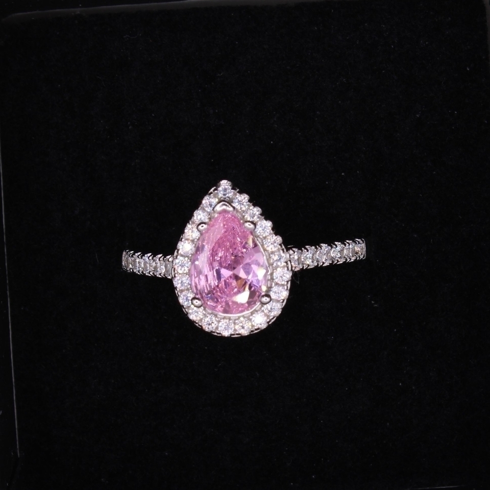 Radiant Ice Cut Pink Teardrop 925 Silver Engagement Ring